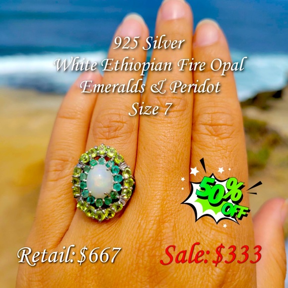 925 Serling Silver Ring w/ Ethiopian Fire Opal/Emeralds &...
